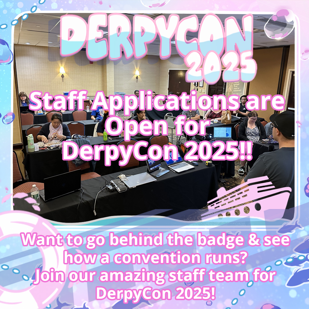 DerpyCon's tweet image. Reminder!! Our Staff Applications for DerpyCon 2025 are open! 
&amp;gt;Derpycon.com/staff Do you want to feel more connected with conventions? Want a deeper knowledge of what goes on behind the badge at conventions? Hope to see you come on our Nightlife Cruise as Cabin Crew!