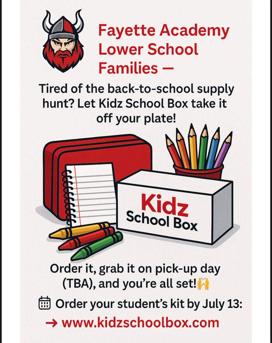 🎒 Fayette Academy Lower School Families — Dreading supply shopping? Let Kidz School Box take it off your plate!
Order it, grab it on pick-up day (TBA), and you’re all set! 🙌
🗓️ Order your student's kit by July 13: 👉 kidzschoolbox.com