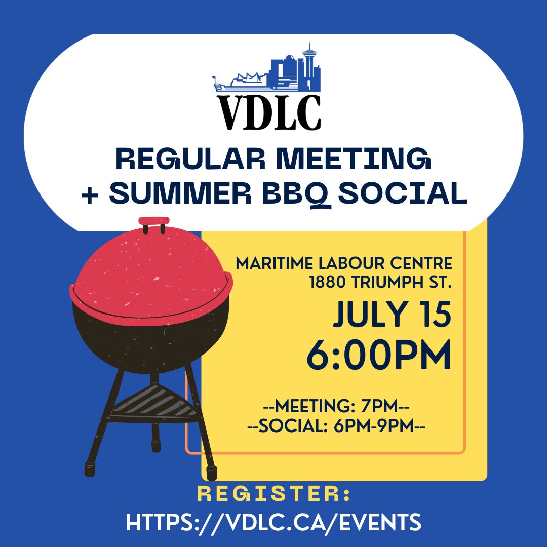 The next #VancouverDLC meeting will be held on Tues., July 15, 7PM, in-person at the Maritime Labour Centre. We will be hosting a BBQ social starting at 6pm, and continuing after the meeting.

 Registration required by July 10. 

Register: vdlc.ca/events/vdlc-re…

#bclab