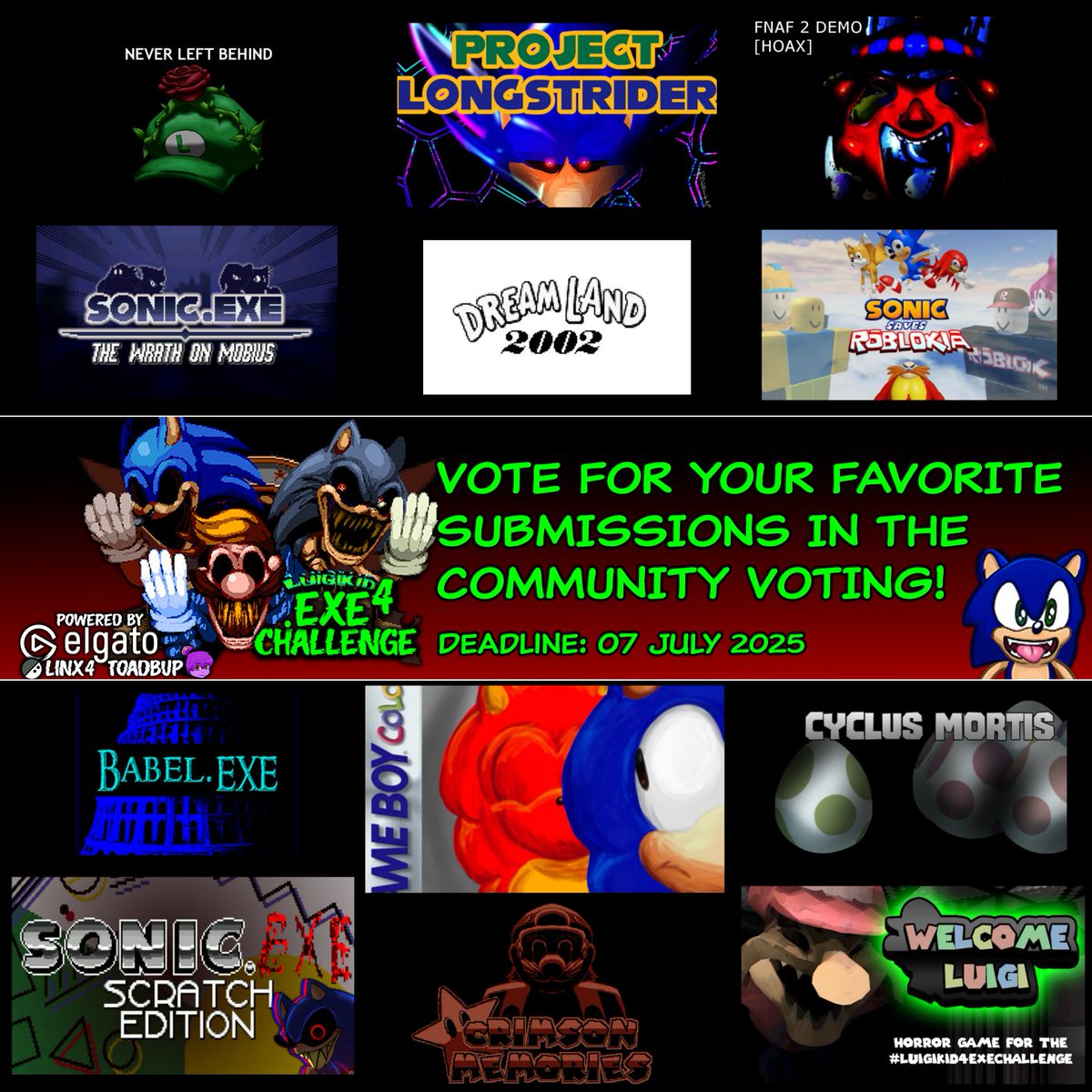THE COMMUNITY VOTING of the #Luigikid4EXEChallenge has officially started!

Since there were multiple ties in the Top 10 rankings, there is a total of 12 games for you to chose from!

VOTE NOW FOR YOUR FAVORITE GAME!
docs.google.com/forms/d/1Mg2w8…