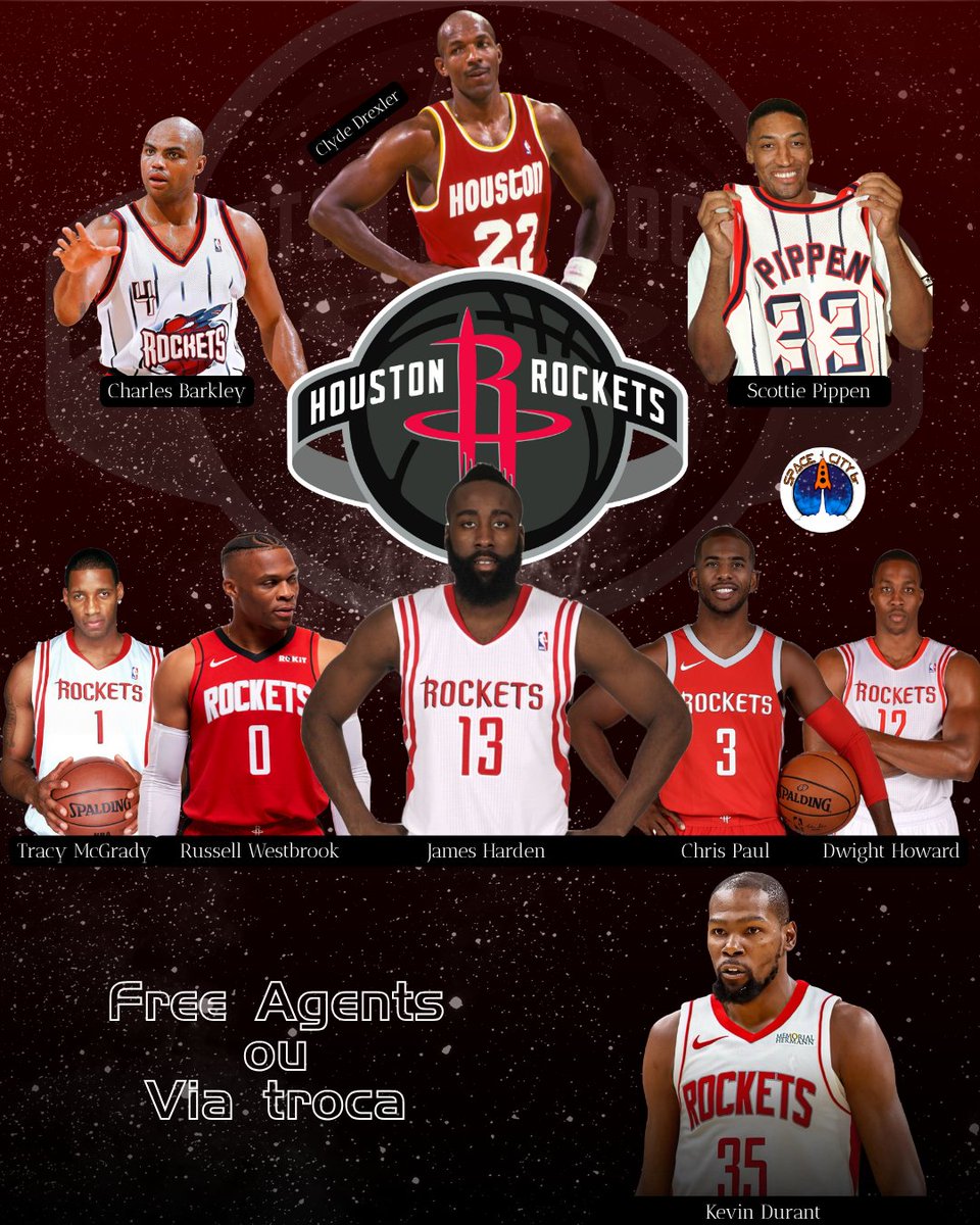 spacecitybr's tweet photo. Contender em todas as décadas desde a temporada de estreia, o Houston Rockets chega mais uma vez com um nome de peso pra buscar o terceiro título da NBA.

Com Kevin Durant, agora são 11 jogadores membros do Hall da Fama que vêm pra franquia desde o primeiro título, seja via troca ou free-agency.

São eles:

- Clyde Drexler (1995 - 98)
- Charles Barkley (1996 - 00)
- Scottie Pippen (1998 - 99)
- Tracy McGrady (2004 - 10)
- Dikembe Mutombo (2004 - 09)
- James Harden (2012 - 21)
- Dwight Howard (2013 - 16)
- Chris Paul (2017 - 19)
- Carmelo Anthony (2018 - 19)
- Russell Westbrook (2019 - 20)
- Kevin Durant (2025 - ?)

Pegando desde a temporada de estreia, e somando com jogadores draftados...

- Elvin Hayes (1968-71 / 1981-84)
- Calvin Murphy (1970 - 83)
- Moses Malone (1976 - 82)
- Rick Barry (1978 - 80)
- Ralph Sampson (1983 - 88)
- Hakeem Olajuwon (1984 - 01)
- Yao Ming (2002 - 11)

Simplesmente 18 jogadores membros do Hall da Fama, além do Rudy T., como treinador. 

Uma das franquias mais tradicionais do esporte!