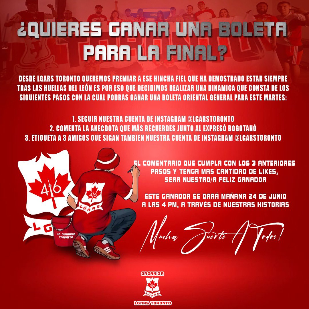 Desde La Guardia Toronto queremos premiar la fidelidad de ese hincha q siempre esté junto a nuestro amado club, es por eso q estamos realizando una dinámica con la cual podrás ganar una boleta oriental general para la gran final de este martes.
Instagram
La Guardia Toronto 
RT