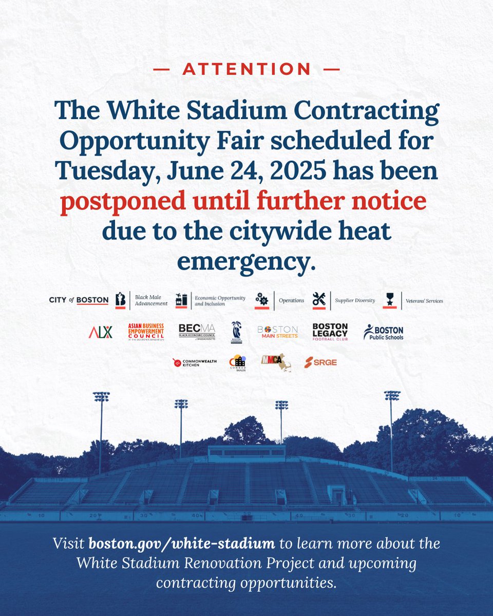 The White Stadium Contracting Opportunity Fair scheduled for Tuesday, June 24, 2025 has been postponed until further notice due to the citywide heat emergency. Stay updated on the project at: boston.gov/departments/ma…