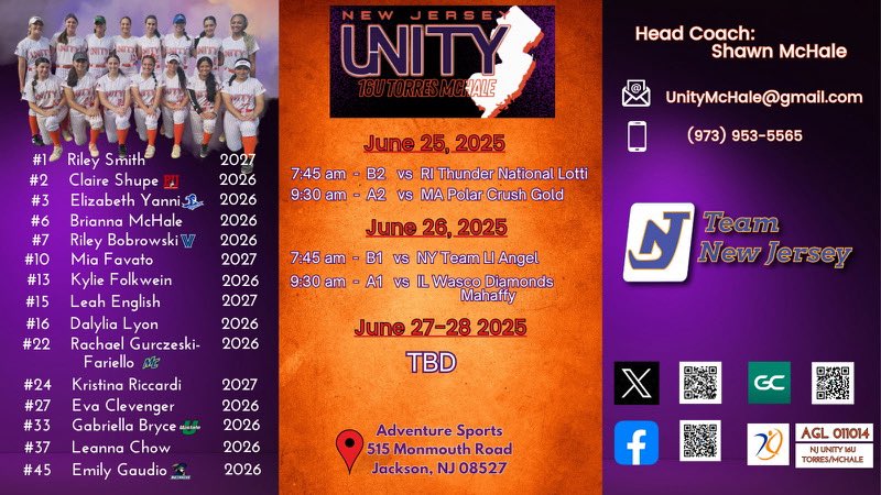 Mia Favato (@miafavato2027) on Twitter photo Here's <a href="/NJUnityMchale/">NJ Unity 16U Torres/McHale</a> schedule for the Team New Jersey Showcase this week. Can't wait to compete!💜🧡
<a href="/UnityNewJersey/">New Jersey Unity</a> <a href="/S_McHale12/">Shawn</a> <a href="/LegacyLegendsS1/">Legacy & Legends Softball</a> <a href="/ExtraInningSB/">EXTRA INNING SOFTBALL</a> <a href="/ALLNJSoftball/">NJ softball</a> <a href="/QrRecruiter/">QR RECRUITER</a> <a href="/TopPreps/">College Coaches / Scouts / College Recruiters</a> <a href="/SBRRetweets/">Softball Recruiting Reposts</a> <a href="/IHartFastpitch/">I❤️Fastpitch</a> <a href="/CoastRecruits/">Coast 2 Coast Recruits</a> <a href="/SoftballRecruit/">Softball Recruit 🥎</a> <a href="/AcesSangillo/">John Sangillo</a> Here's <a href="/NJUnityMchale/">NJ Unity 16U Torres/McHale</a> schedule for the Team New Jersey Showcase this week. Can't wait to compete!💜🧡
<a href="/UnityNewJersey/">New Jersey Unity</a> <a href="/S_McHale12/">Shawn</a> <a href="/LegacyLegendsS1/">Legacy & Legends Softball</a> <a href="/ExtraInningSB/">EXTRA INNING SOFTBALL</a> <a href="/ALLNJSoftball/">NJ softball</a> <a href="/QrRecruiter/">QR RECRUITER</a> <a href="/TopPreps/">College Coaches / Scouts / College Recruiters</a> <a href="/SBRRetweets/">Softball Recruiting Reposts</a> <a href="/IHartFastpitch/">I❤️Fastpitch</a> <a href="/CoastRecruits/">Coast 2 Coast Recruits</a> <a href="/SoftballRecruit/">Softball Recruit 🥎</a> <a href="/AcesSangillo/">John Sangillo</a>