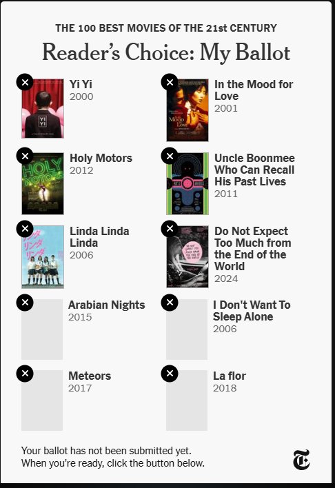 Here are our picks for the <a href="/nytimes/">The New York Times</a> 21st Century Film poll! We had to write-in four of our films: Arabian Nights by Miguel Gomes, I Don't Want to Sleep Alone by Tsai Ming-liang, Meteors by Gürcan Keltek, and La flor by Mariano Llinás. #BestofFilm