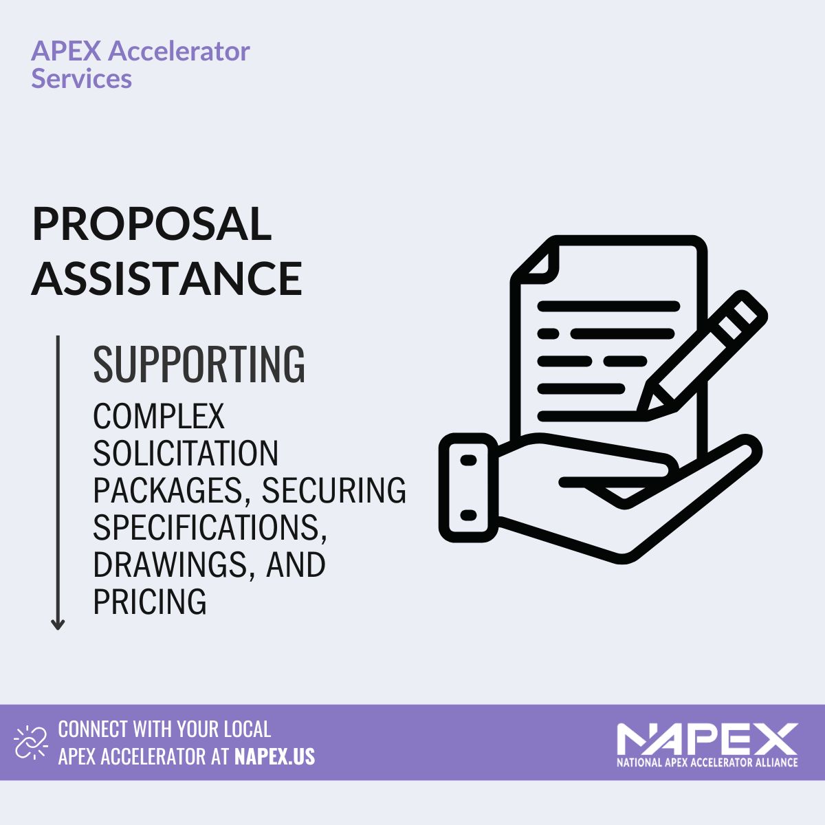 NAPEX_Alliance's tweet photo. Don’t let the proposal writing process intimidate you. Our government contracting advisors are available to help you work through any parts of the proposal writing process that may have you stumped.  

Find your local APEX Accelerator at https://t.co/0FBBfoHtrg. 

#GovCon #NAPEX https://t.co/s0O74iWJol