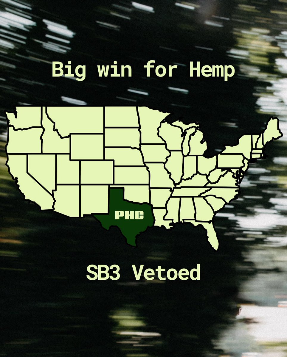 📣 BIG WIN FOR HEMP 📣
Texas Governor just vetoed SB3, the bill that would’ve banned hemp-derived Tee-H-See products in the state. 🙌

This is a massive victory for small businesses, farmers, and the entire hemp community.
