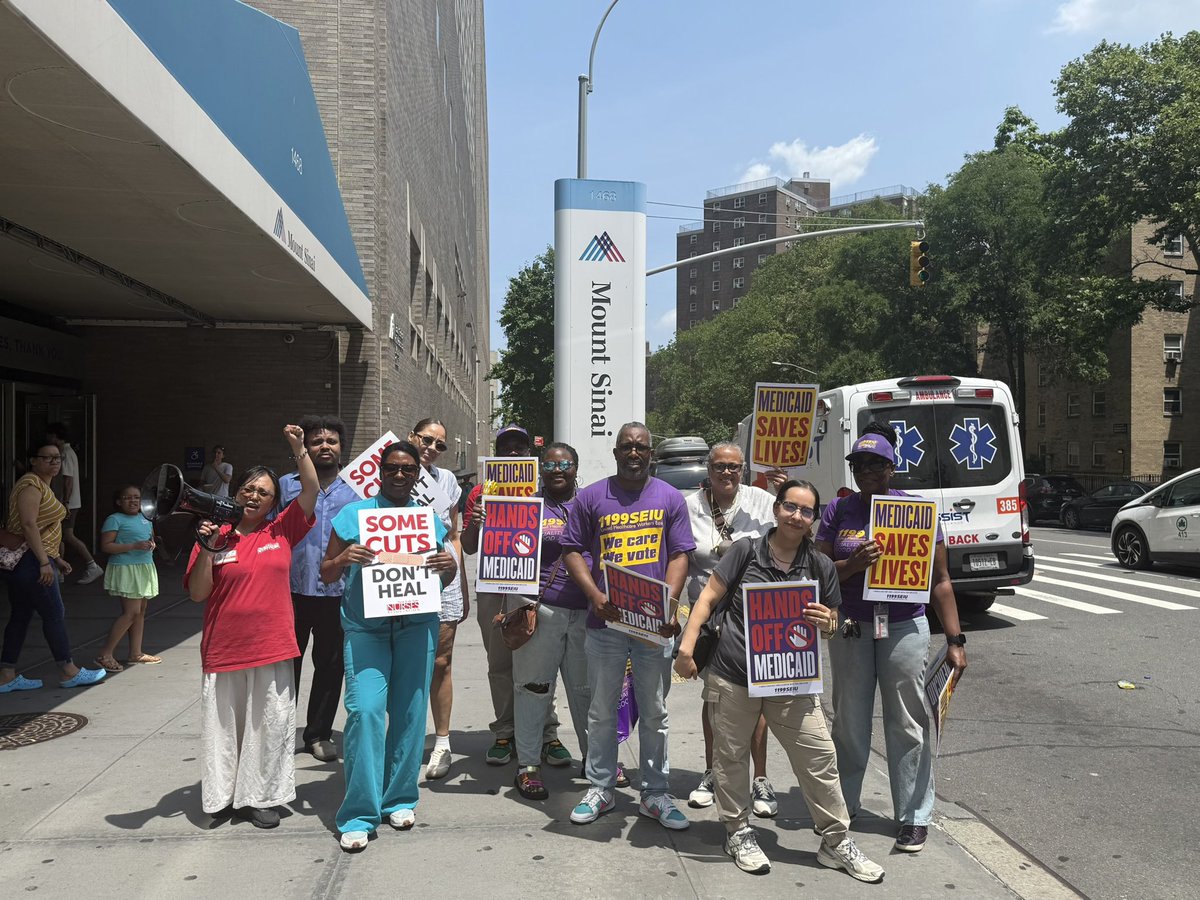 1199SEIU's tweet image. 1199 healthcare workers are outside hospitals across New York to demand: #NoMedicaidCuts! #SaveMedicaid! Congressmembers must make good on their promises to protect this critical program!
