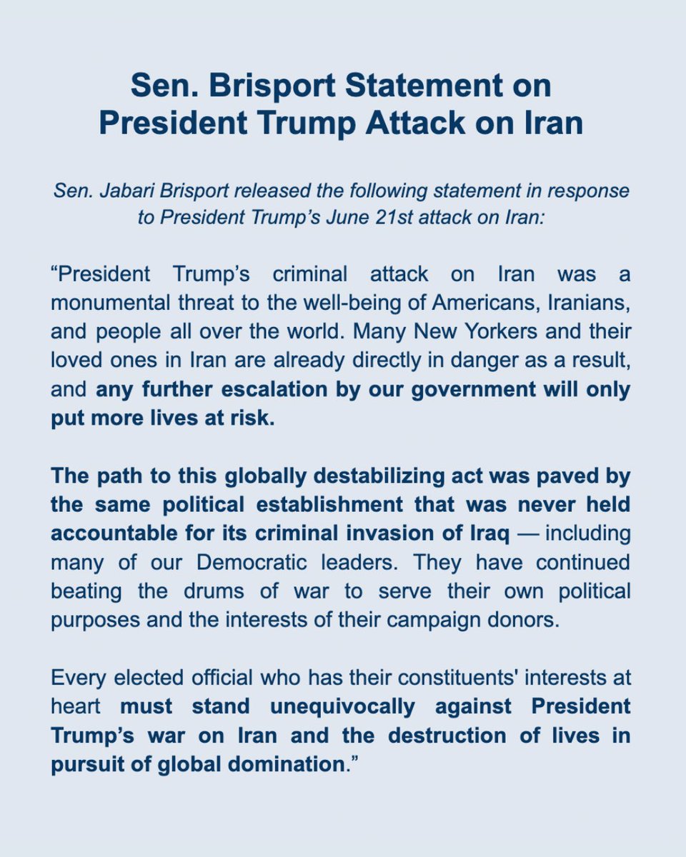 Jabari Brisport (@jabaribrisport) on Twitter photo We must all stand against President Trump’s attack on Iran and the destruction of lives in pursuit of global domination. We must all stand against President Trump’s attack on Iran and the destruction of lives in pursuit of global domination.
