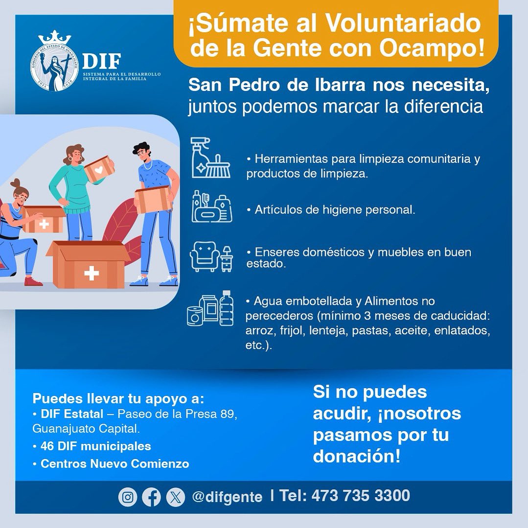 🌧️ San Pedro de Ibarra nos necesita 💛

Las recientes lluvias han dejado huella en la comunidad de San Pedro de Ibarra, en el municipio de Ocampo. Muchas familias han perdido sus pertenencias. Hoy, más que nunca, nos toca ser solidarios.

El DIF y el Voluntariado de la Gente