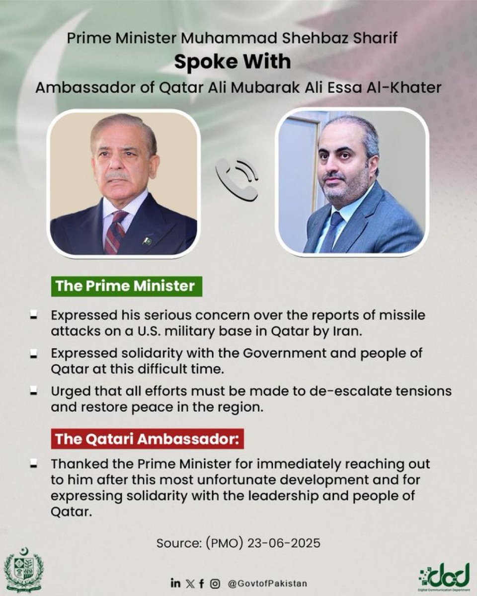 🚨🇵🇰 PAKISTAN TO QATAR: STAY SAFE — TO IRAN &amp; U.S.: PLEASE CHILL

PM Shehbaz Sharif picked up the phone to call Qatar’s ambassador after Iran lobbed missiles at a U.S. base in Doha.

He offered full solidarity with Qatar, called the moment “unfortunate,” and pleaded for cooler