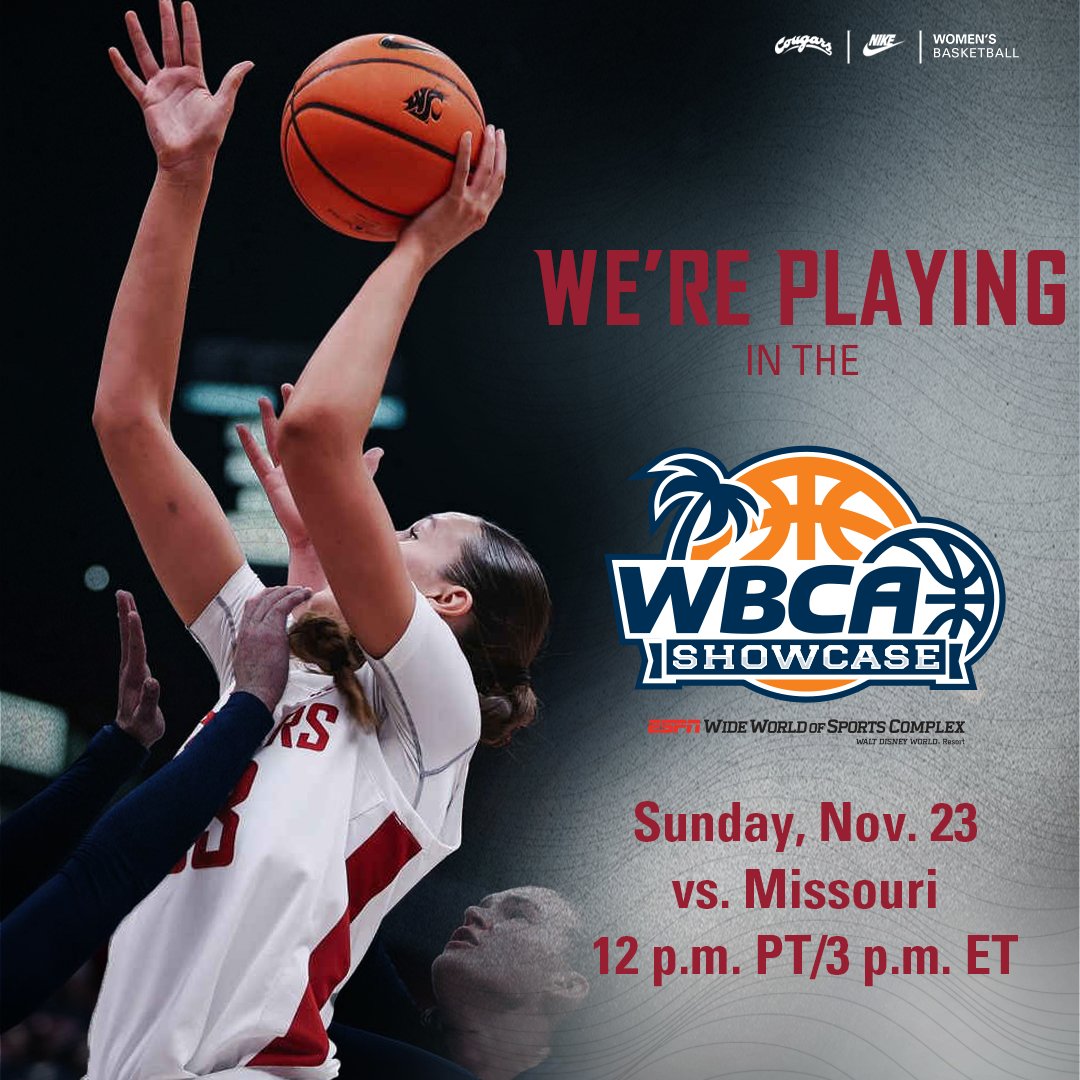 WSUCougarWBB's tweet image. The Cougars will be playing in the 2025 WBCA Showcase this November!
The women will take on Missouri at 12 pm PT on Sunday, Nov. 23 at the ESPN Wide World of Sports Complex in Orlando, Florida!
๐ฐ | wsucougars.com/news/2025/6/24โฆ
#GoCougs
