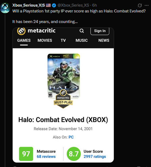 CheapAzzGamer's tweet image. Imagine having to go back 24 YEARS for an Xbox title to compete with PlayStation. 😂💀💀 #ded