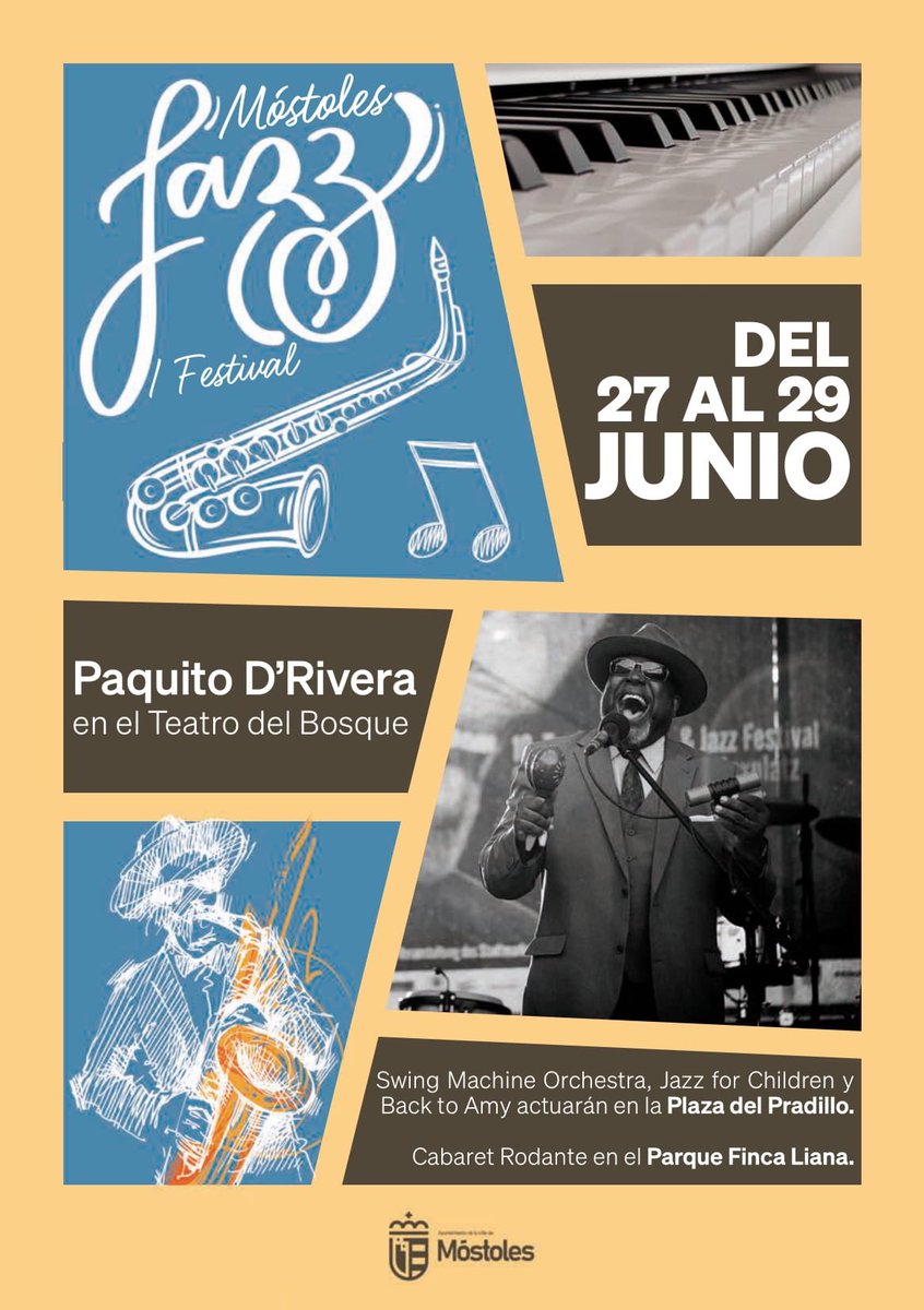 Ya está aquí el Festival Móstoles Jazz. 
🟢 Viernes 22.00 h en Pradillo Concierto de Swing. 
🟢 Sábado 12.00h en Pradillo Jazz para Niños; 22 h Tributo a Amy Winehouse 
🟢 Domingo 11:30h  Cabaret rodante en Finca Liana 🟢 las 20:00h en el Bosque el Paquito D’Rivera <a href="/Vox_Mostoles/">Vox Móstoles</a>