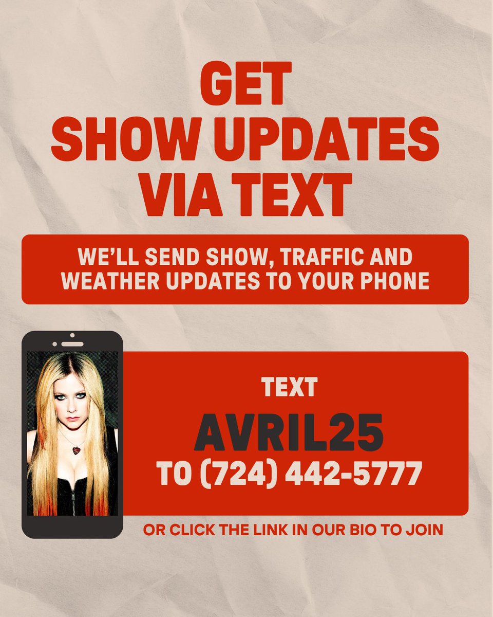 Pav_StarLake's tweet image. 🤘THURSDAY 6/26 – Avril Lavigne🤘
🎟️ concerts.livenation.com/event/1600617B…
⭐Upgrades: livemu.sc/3T1VUIL
📲 Text AVRIL25 to 724-442-5777 and we'll send show updates to your phone
🎉 Arrive Early for the Meet Up!
👉 Got questions? pavilionstarlake.com/visit#faq