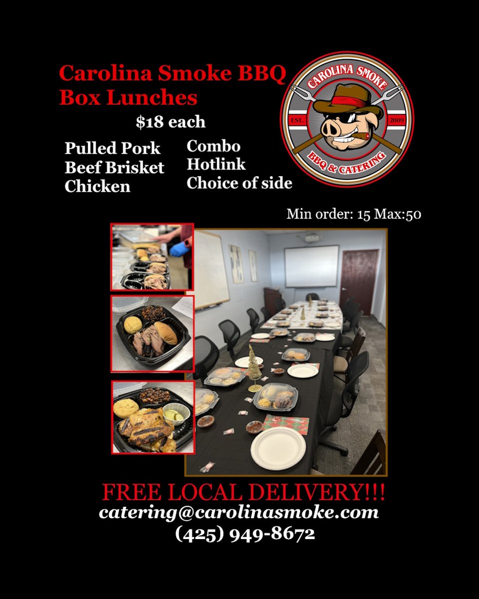 Carolina Smoke BBQ (@carolinasmoke) on Twitter photo Lunch time is BBQ time. We offer a great deal on our BBQ Box lunches for your working lunch or office parties. If you are semi close to the shop, Jim will deliver them for free! Take that DoorDash! <a href="/bothellblog/">The Bothell Blog</a> <a href="/northshorepulse/">Northshore Pulse</a> #boxlunch #bbqboxlunch #bothell #millcreek Lunch time is BBQ time. We offer a great deal on our BBQ Box lunches for your working lunch or office parties. If you are semi close to the shop, Jim will deliver them for free! Take that DoorDash! <a href="/bothellblog/">The Bothell Blog</a> <a href="/northshorepulse/">Northshore Pulse</a> #boxlunch #bbqboxlunch #bothell #millcreek
