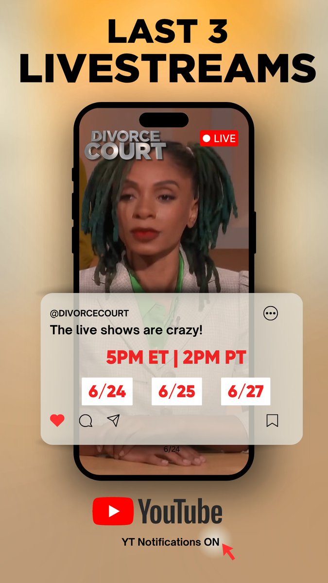divorcecourt's tweet photo. This week = the FINAL live tapings of Season 27 👀
Join the chaos LIVE one last time 💥 & BRING QUESTIONS - Judge Star will answer them in a Q&A after the show
YouTube 5PM ET/2PM PT
#DivorceCourt #JudgeStar #VirtualJury #DCLIVE https://t.co/NRrmaLDHVw