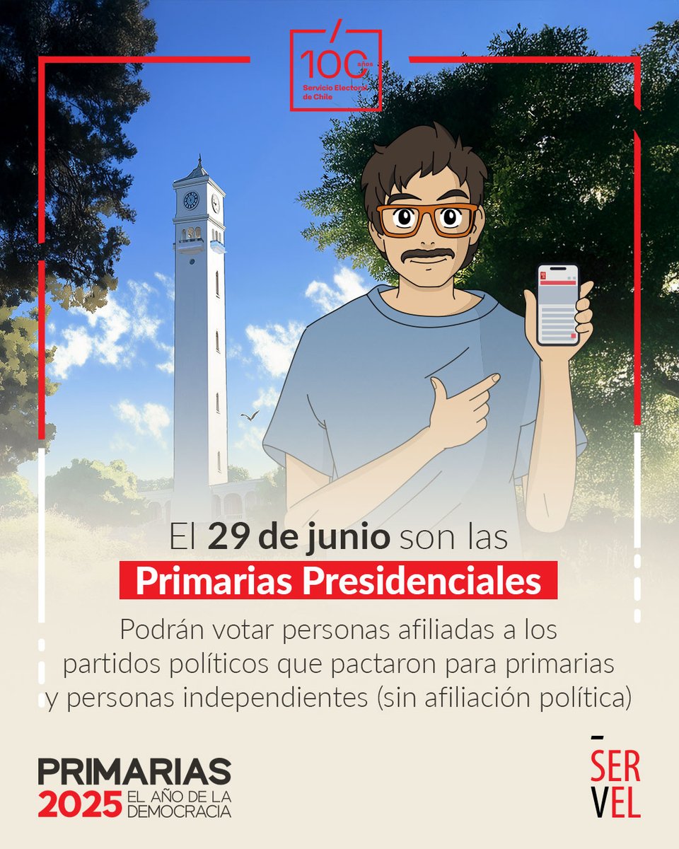 Si eres independiente o estás afiliado a un partido político que pactó en primarias, debes saber que estas se desarrollarán el día domingo 29 de junio. ¡El voto es voluntario en Chile y en el exterior! Infórmate más en servel.cl