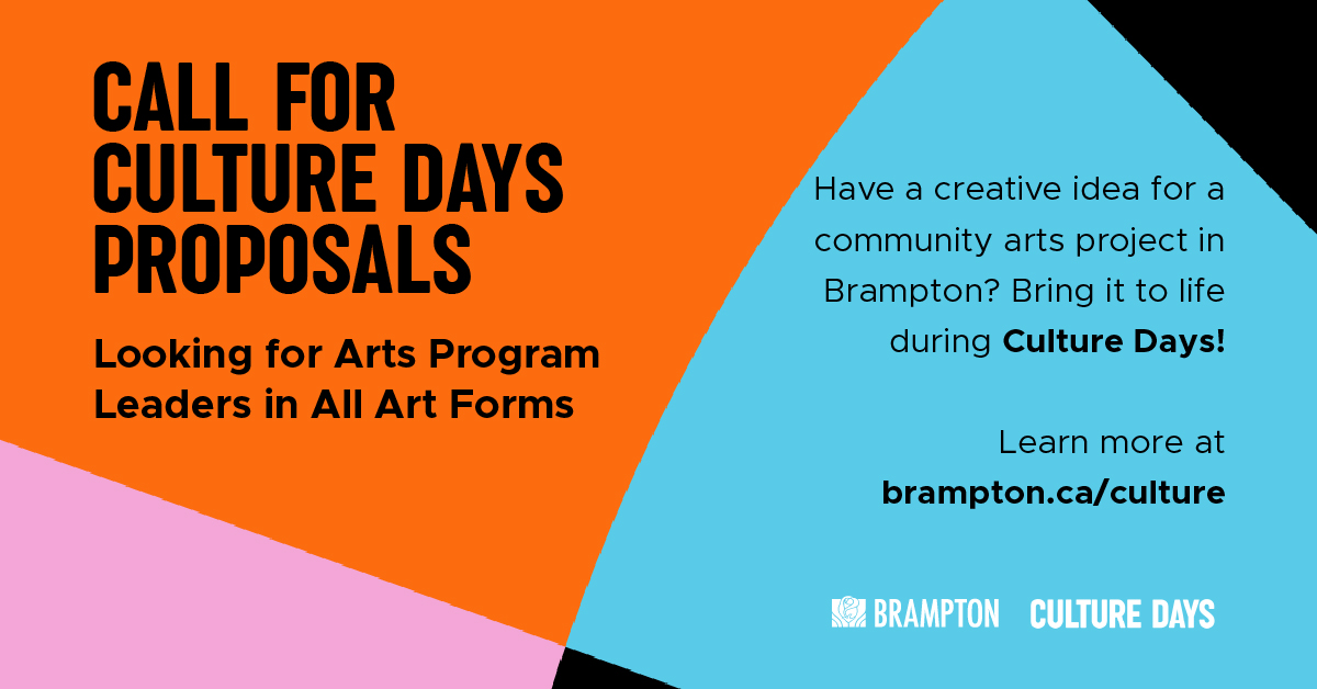 Have an idea for a community arts project? The City of Brampton is looking for artists, collectives and cultural groups to lead programming for Culture Days 2025. 

Selected proposals receive up to $4,000 in support.  

Apply by TOMORROW at 11:59 pm: 🔗 brampton.ca/culture