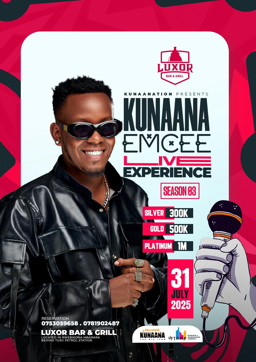Scorfield Official🇺🇬 (@scorfield256) on Twitter photo A good emcee will rhyme a lot of different ways.
Mbarara Are u ready for The MicIcon Live In Experience
Let's gage the Mcees power on 31st July at <a href="/LuxorBarMbra/">Luxor Bar & Grill</a> #KunaanaMceeLiveExperienceSn3
Get urself a table of 300k 500k and 1M as early as possible A good emcee will rhyme a lot of different ways.
Mbarara Are u ready for The MicIcon Live In Experience
Let's gage the Mcees power on 31st July at <a href="/LuxorBarMbra/">Luxor Bar & Grill</a> #KunaanaMceeLiveExperienceSn3
Get urself a table of 300k 500k and 1M as early as possible