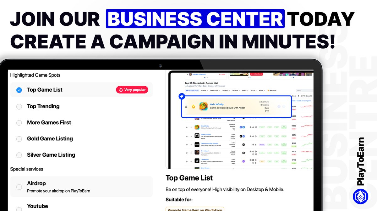 Ignite your project’s success using PlayToEarn’s Business Center🚀

Launch high-impact ad campaigns in minutes to reach over 1 million Web3 gamers

Analyze your audience with powerful analytical tools to drive growth and enhance visibility

Sign Up Now
👉 business.playtoearn.com