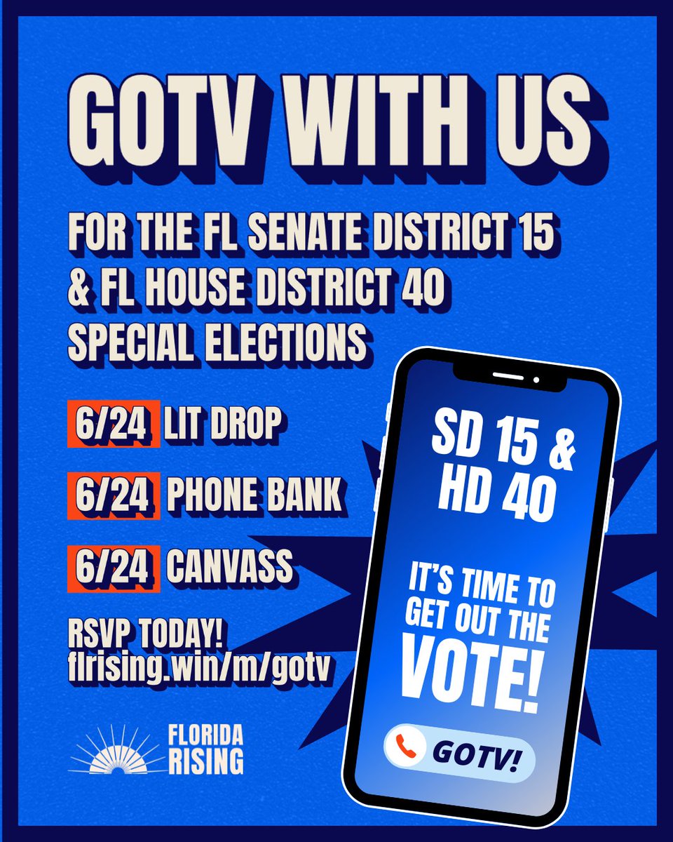 We need YOU to #GetOutTheVote to our community ahead of tomorrow's special election for Florida Senate District 15 and Florida House District 40. 🫵🏽

Visit flrising.win/m/gotv to help us get the word out! (🔗 in our bio)

#TogetherWeRise #ElectionDay