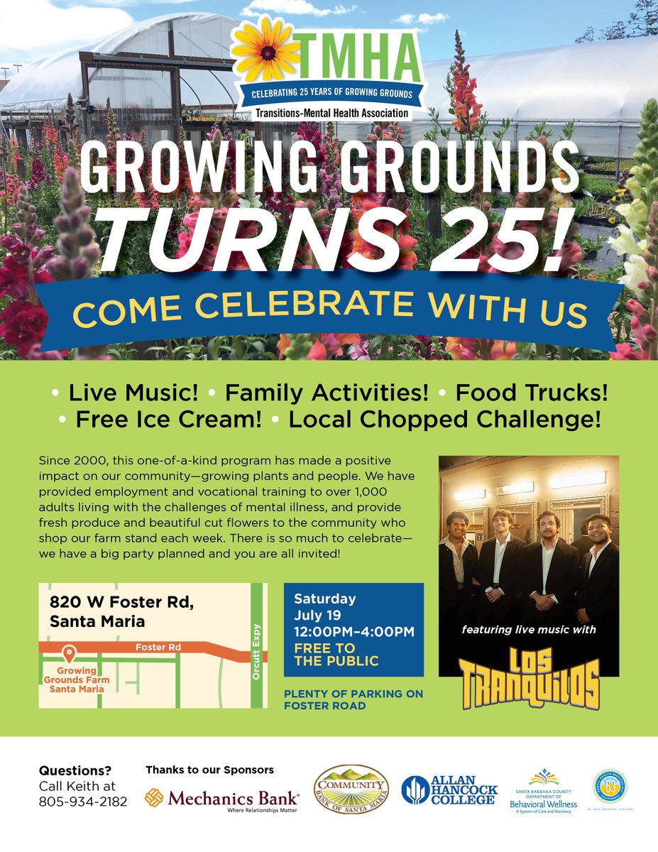 Growing Grounds is celebrating 25 years! Enjoy live music, food trucks, family fun &amp; more on Saturday, July 19 from 12–4 PM in Santa Maria.

Disfruta de música en vivo, camiones de comida, diversión familiar y mucho más el sábado 19 de julio de 12 a 4 PM en Santa Maria.