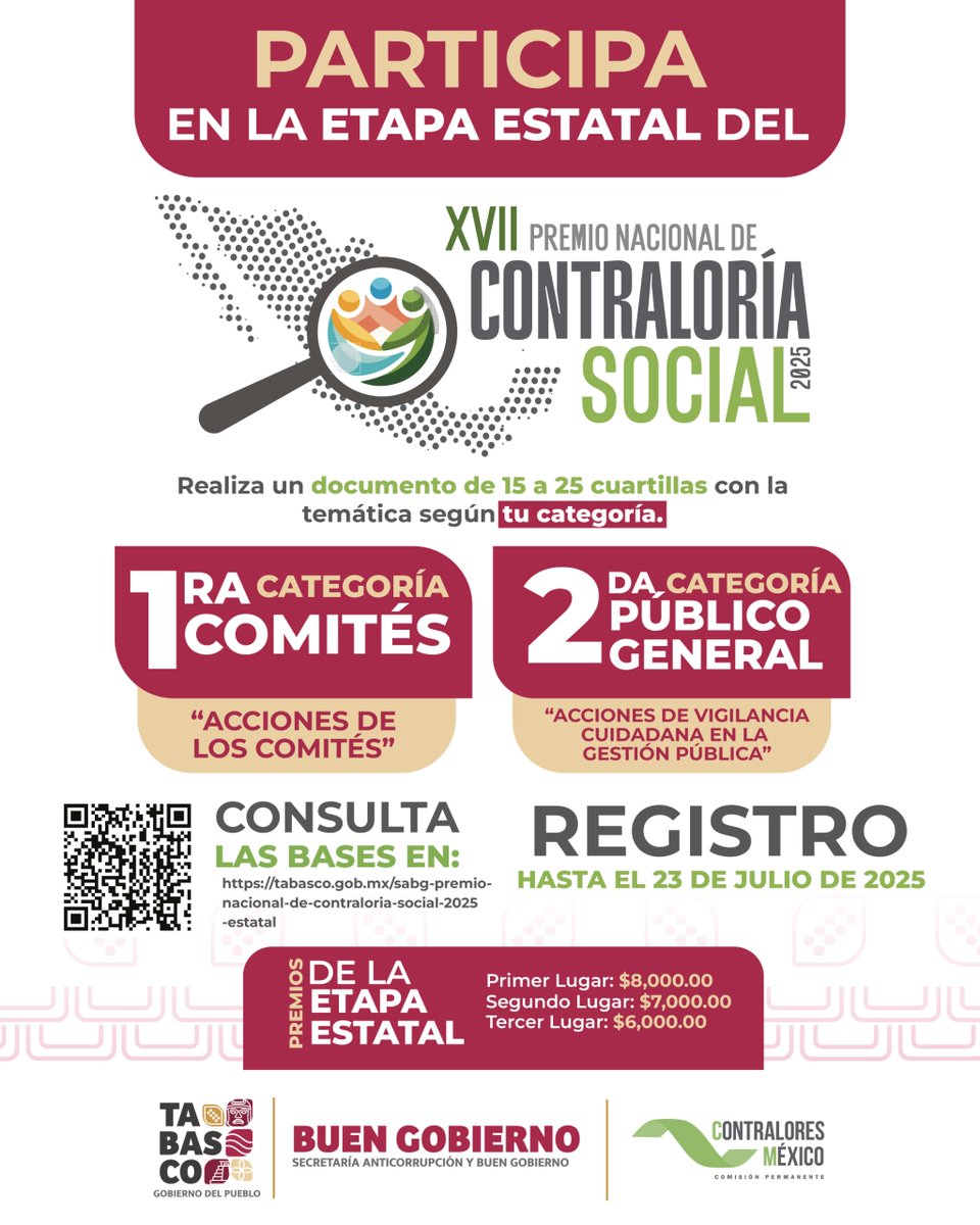 🎖 ¡Participa en el Premio de Contraloría Social 2025!
Este año se reconocerán las mejores acciones ciudadanas en dos categorías:
1ª Categoría: Acciones de los comités
2ª Categoría: Vigilancia ciudadana en la gestión pública
Tienes hasta el 23 de julio para inscribirte.
