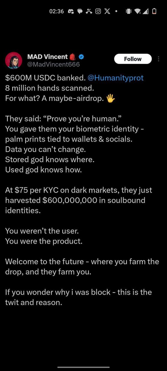 Monad fan π (MONKEY D LUFFY) (@tapearngal) on Twitter photo π―
Don't sell your identity for 1 or 2 dollers.
Even someone say they will give 10k dollers don't sell your identity π«π to anyone.
<a href="/Humanityprot/">Humanity Protocol γ ποΈ β¦ πΊπ³ γ</a> <a href="/TK_Humanity/">Terence Kwok γ ποΈ β¦ π γ</a> π―
Don't sell your identity for 1 or 2 dollers.
Even someone say they will give 10k dollers don't sell your identity π«π to anyone.
<a href="/Humanityprot/">Humanity Protocol γ ποΈ β¦ πΊπ³ γ</a> <a href="/TK_Humanity/">Terence Kwok γ ποΈ β¦ π γ</a>