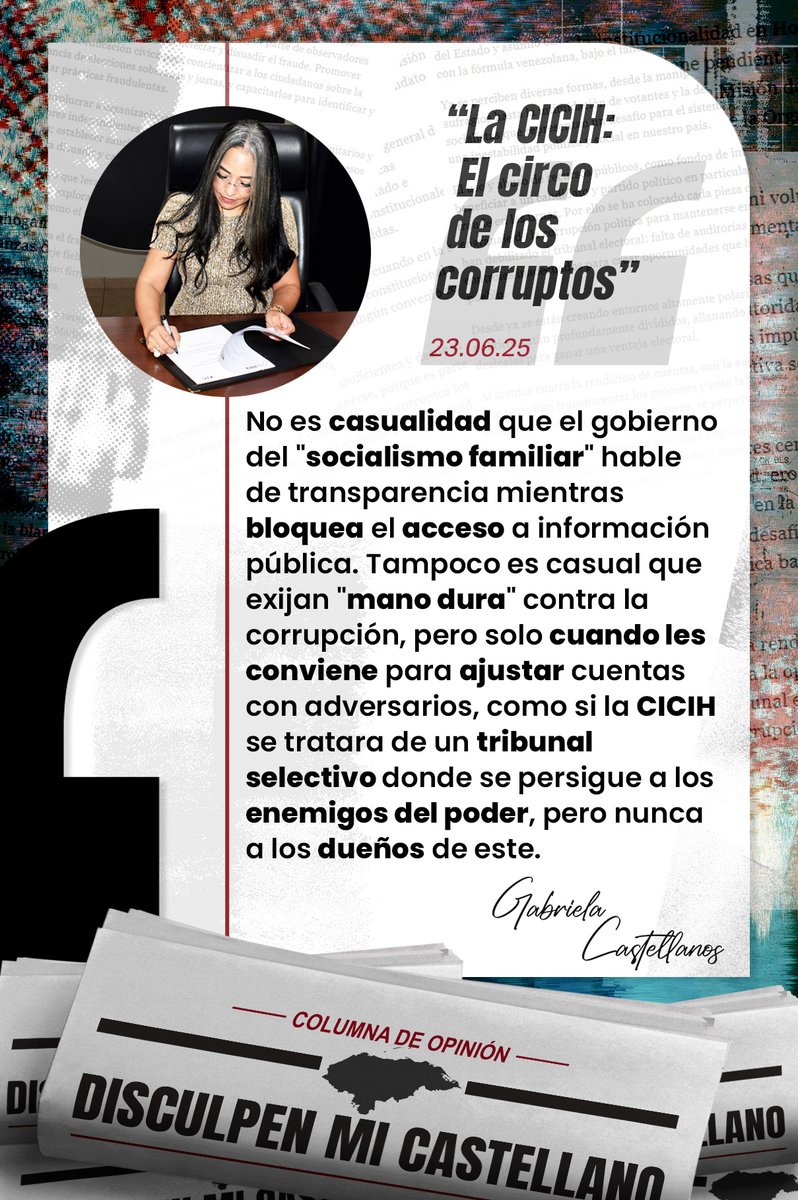 «La CICIH: El circo de los corruptos», lea la columna completa 👉 elheraldo.hn/opinion/column…

#ColumnaGabrielaCastellanos
#ColumnaDeOpinión
#DisculpenMiCastellano