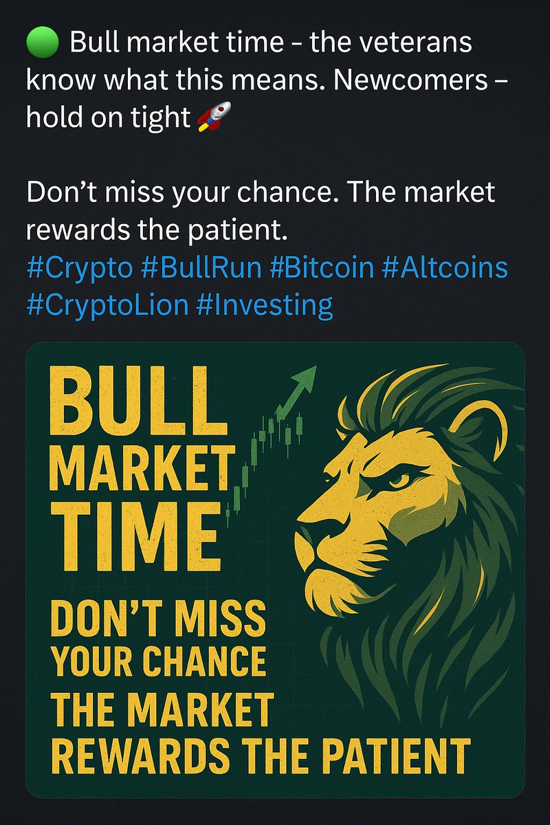 FortuneNavigato's tweet photo. 🟢 Bull market time – the veterans know what this means. Newcomers – hold on tight. 🚀

Don’t miss your chance. The market rewards the patient.
#Crypto #BullRun #Bitcoin #Altcoins #CryptoLion #Investing https://t.co/gkFvNfk6JW