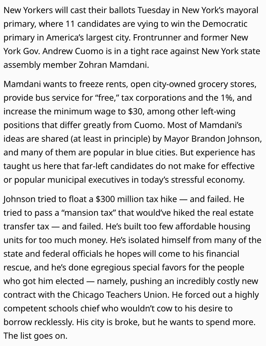 NEW: As Zohran Mamdani surges in the polls and prediction markets today, the Chicago Tribune editorial board issues a warning to New York City voters.

“Want to know how a socialist mayor would govern New York City? Ask Chicago.”