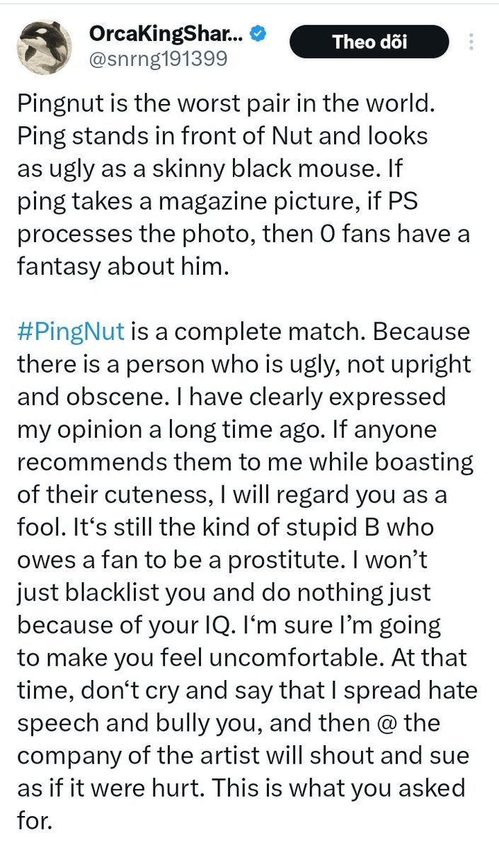 Nmyprincess1993's tweet photo. The account @snrng191399 keeps humiliating Ping with hate speech & body-shaming just to defend their delusional ship. This is not fan, it’s bullying @TwitterSupport stop ignoring abuse. Do your job. #StopBullying #ReportAbuse #ProtectArtists #PingNut #Spynut https://t.co/oQrFNZ8CiD