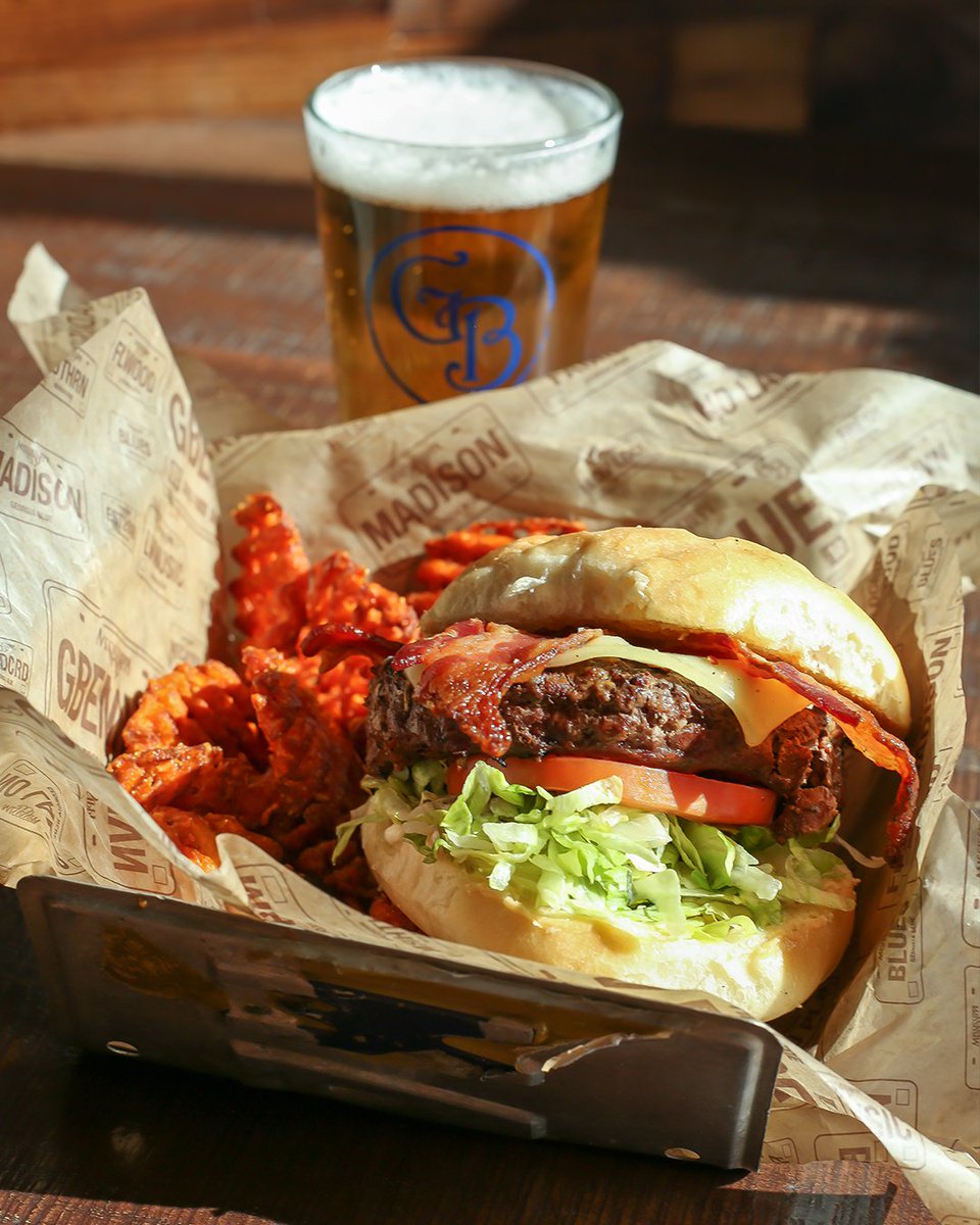 Swap your Monday Blues for our Blues Burger tonight! This hand-crafted angus beef patty with applewood smoked bacon and havarti cheese will have you grinning from ear to ear!