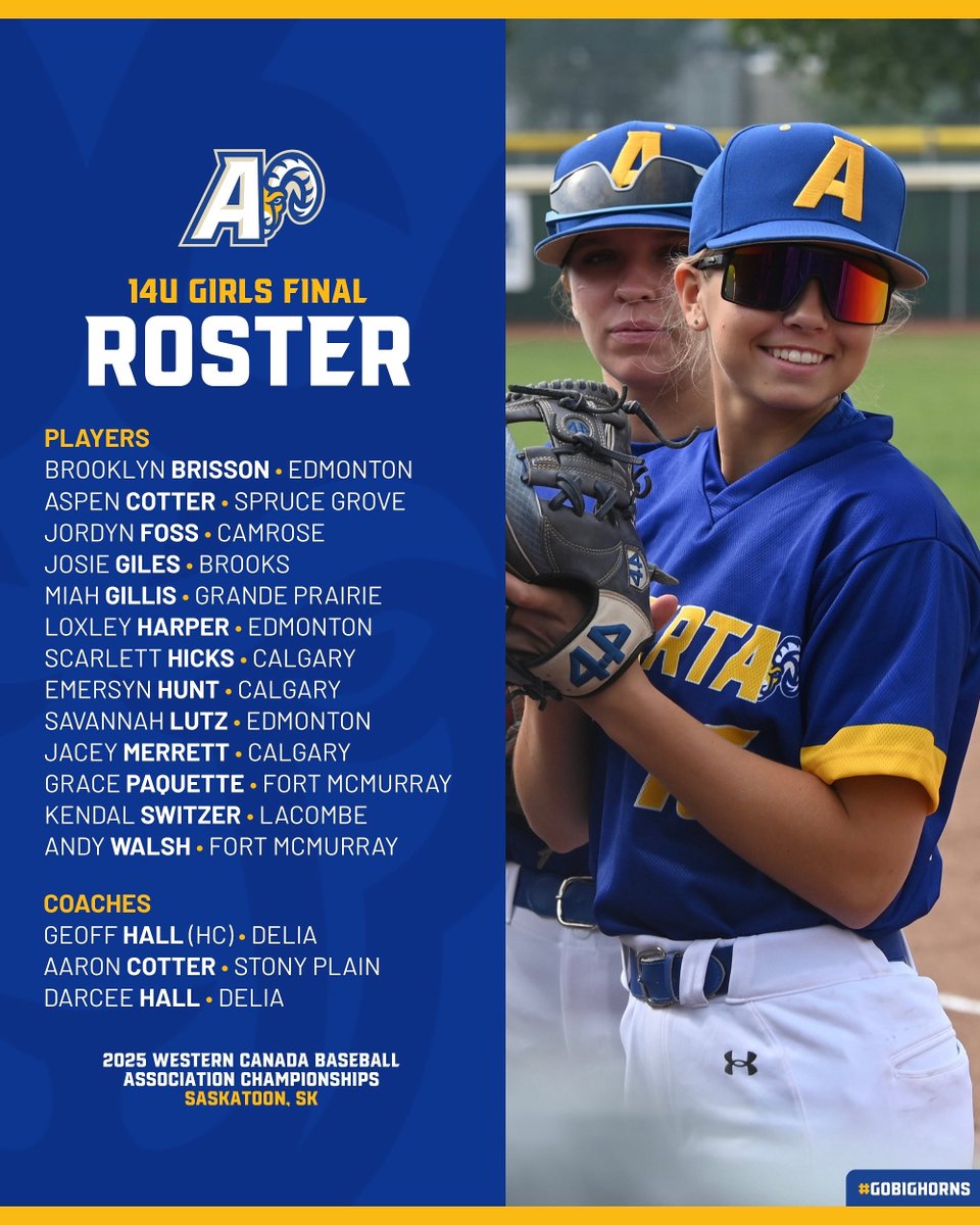 TeamAlbertaBSB's tweet image. 14U Girls: Final Roster ✅
These girls will be heading to Saskatoon, SK from August 15-17 competing for gold at the Western Canada Baseball Association Championship. 🏆
#GoBighorns • #TeamAB