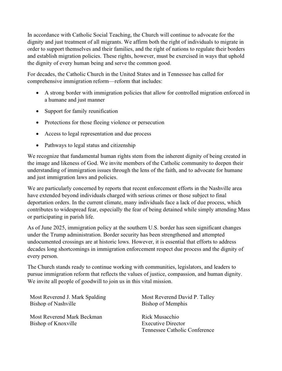 Following Pope Leo’s lead, Catholic bishops in deep-red Tennessee condemn President Trump’s decision to arrest 100 undocumented immigrants who have no previous criminal record.

They note that President Trump’s actions make immigrant families afraid of going to Mass on Sundays.