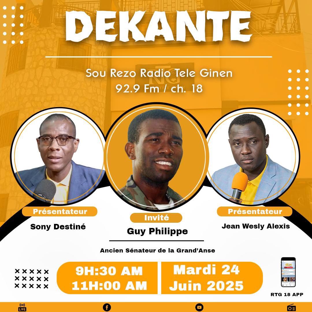 Demain matin à 9h30 l’Ancien Sénateur Guy Philippe en direct sur RTG à l’émission Dekante #haiti #Ayiti