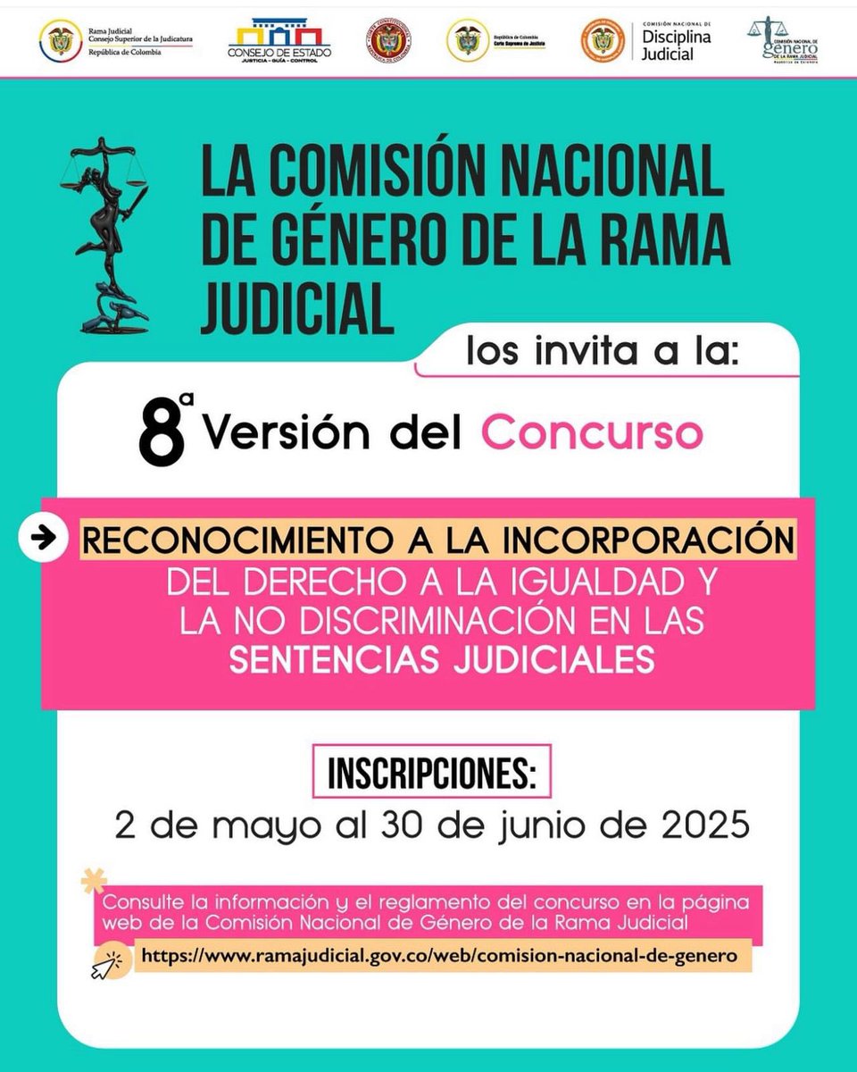 #ComisiónDeGénero | Quedan solo siete días para postularse al 8° Concurso de Sentencias de Género de la #RamaJudicial. Consulta los términos y no te pierdas de la mejor competencia jurídica del país. Tu trabajo puede ser el ganador. ¡Inscríbete ya!
#TuVozCuenta