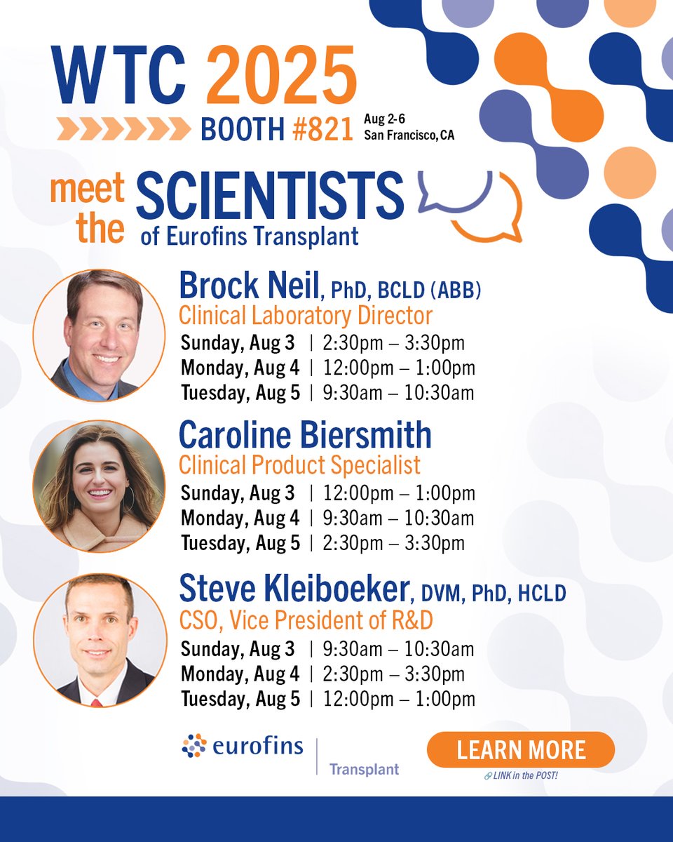 Meet the scientists of Eurofins Viracor at #WTC2025. Connect with the brilliant minds behind our cutting-edge diagnostics. 📌 Booth #821

🥼🧫🧪🦠
• Chagas T.cruzi
• CMV &amp; EBV inSIGHT™ T Cell Immunity
• NeXGen™ Fungal / AFB NGS (BAL &amp; WB/Plasma)

🌐 eurofinstransplant.com/events/eurofin…