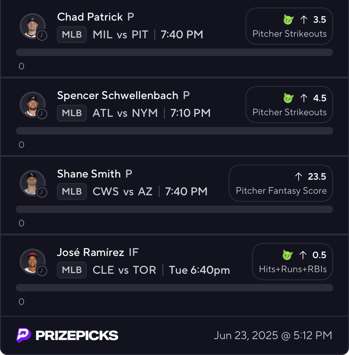 Elev8YourOdds's tweet photo. 6/23 Slip ๐ค๐ฐ๐ฑ๐ค๐ธ๐ฅ
Link in comments if tailing!
#EYO๐ฑ #prizepicks #gamblingX #PlayerPropBets #FreePicks #FreeBets #MLBBets #FreeProps #Parlays #SportsBettingX https://t.co/egsP0tukle