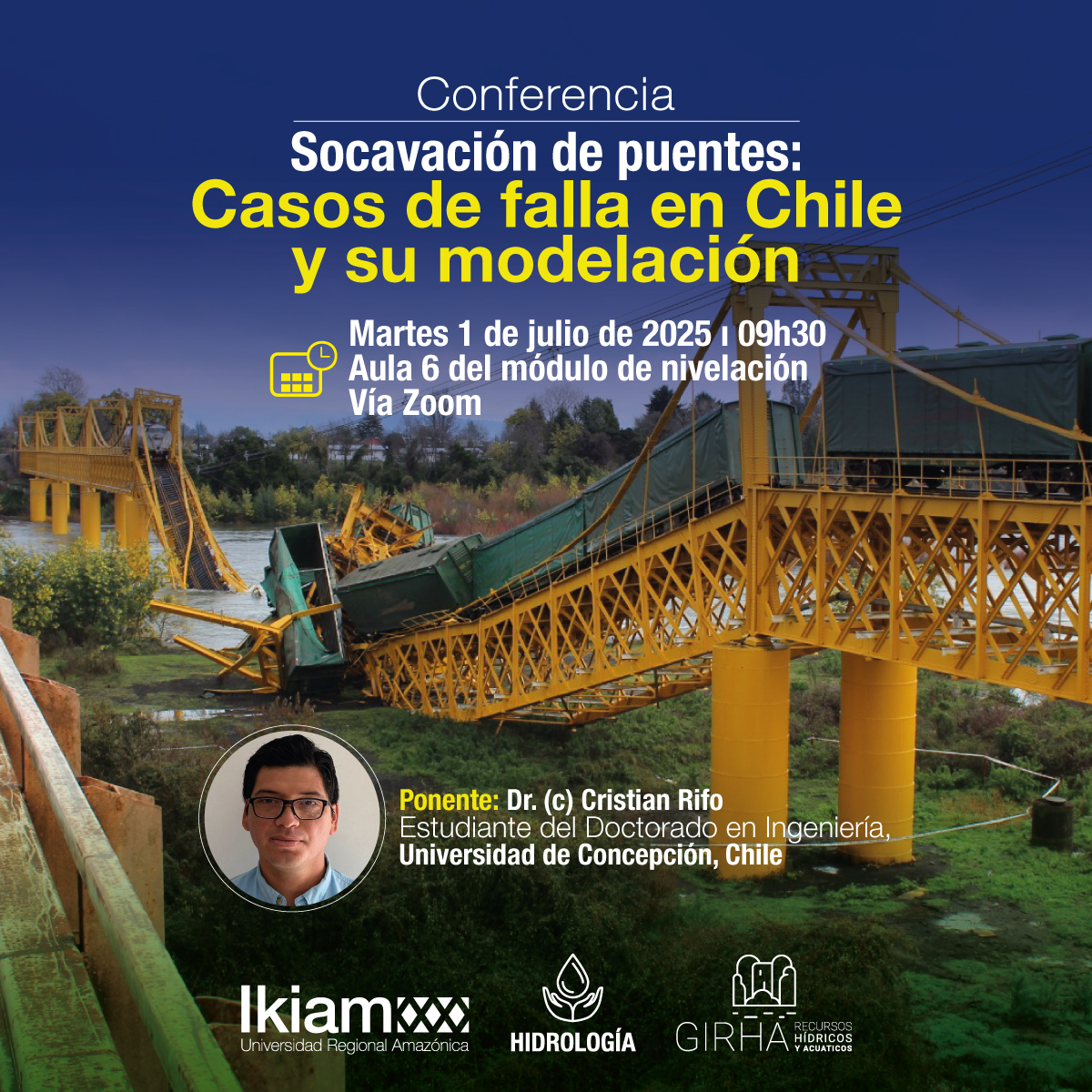 u_ikiam's tweet photo. 📢 INVITACIÓN A CONFERENCIA ESPECIAL
La Universidad Regional Amazónica Ikiam, a través de la carrera de Hidrología y el  Grupo de Investigación de Recursos Hídricos y Acuáticos, tiene el agrado de invitar a estudiantes, docentes, profesionales e interesados en la ingeniería hidráulica, hidrológica y las ciencias del agua a la conferencia:
🎓 Tema: Socavación de Puentes: Casos de Falla en Chile y su Modelación
🗣️ Ponente: Dr. (c) Cristian Rifo
Estudiante del Doctorado en Ingeniería – Universidad de Concepción, Chile
📅 Fecha: martes, 1 de julio de 2025
🕤 Hora: 09h30
🔗 Enlace de la conferencia: https://t.co/FRkEYTmB3Q
En esta charla se presentarán casos reales de fallas estructurales en puentes ocasionadas por procesos de socavación en Chile, así como los métodos de modelación empleados para su análisis y prevención.
¡Les esperamos!
