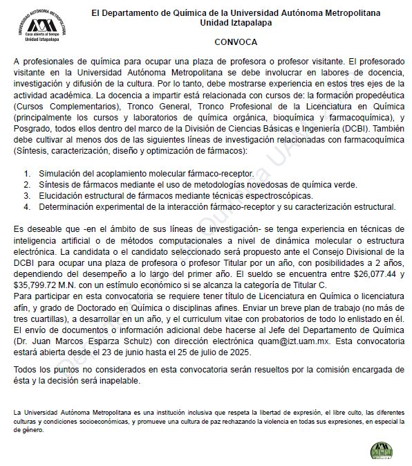 📗📗Convocatoria a Plaza de profesor(a) visitante en el Departamento de Química de la Universidad Autónoma Metropolitana-Iztapalapa. Convocatoria abierta hasta el 25/07/2025. 📒
<a href="/quimica_unam/">Facultad de Química UNAM</a>; <a href="/ib_unam/">@ib_unam</a>; <a href="/amqa_mx/">Asociación Mexicana de Química Analítica</a>; <a href="/FCQ_UANL/">FCQ UANL</a>
, <a href="/SQM_MX/">Sociedad Química de México, A.C.</a>, <a href="/Quim_Cinvestav/">Quimica Cinvestav</a>, <a href="/udegcucei/">CUCEI UdeG</a>, <a href="/iquimicaunam/">Instituto de Química</a>