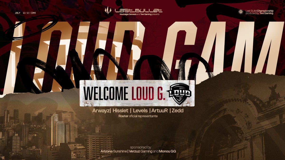 BIENVENIDOS
Queremos dar la bienvenida a <a href="/LouDGaming_MX/">LouD GG</a>  como Organización que participará en nuestro evento presencial Last Bullet: Championship 

Se harán presentes este 11 a 13 de Julio en <a href="/Monougg/">Monou</a>

Presentado por:
<a href="/TeeGamingOrg/">Tee Gaming</a>
<a href="/NostalgiaGnesis/">𝐍𝐨𝐬𝐭𝐚𝐥𝐠𝐢𝐚</a>

Patrocinadores:
<a href="/AZs_Org/">AZs</a>
