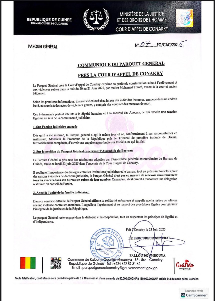 #Guinée | Le procureur général près la Cour d’appel de Conakry, Fallou Doumbouya, annonce l’ouverture d’une « enquête approfondie » sur l’enlèvement et les actes de violence subis par Me Mohamed Traoré, avocat et ancien bâtonnier. Dans un communiqué, il s’est également dit