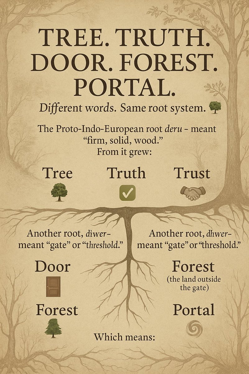 The Root of all Trees….

🌳  deru- / drew- — “Tree / Wood / Firm / Steadfast”

This is the foundational root for:
•Tree (Old English treow, from PIE deru- → “something firm, wooden”)
•Truth (Old English trēowe, “faithful”, “loyal” → truth — something you can trust, like a
