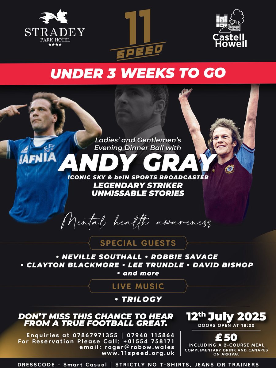 🔥 UNDER 3 WEEKS TO GO!

Join us 12 July at Stradey Park Hotel for an evening of football stories, live music &amp; support for mental health.

🎟 £50 inc. meal + drink
📞 07867 971355 / 07940 115864
🌐 11speed.org.uk

Let’s make a difference together!
