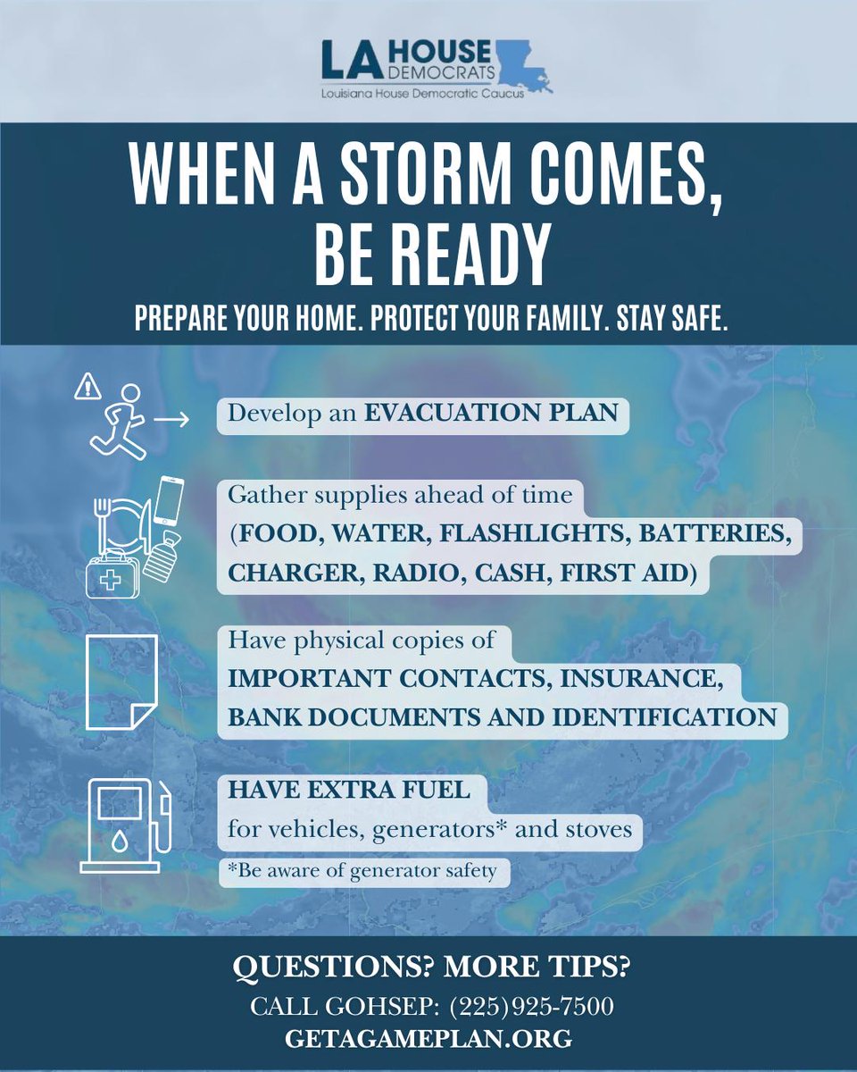 LAHouseDems's tweet photo. 🚨 Louisiana, we’re expecting another overactive, historic hurricane season. Now’s the time to get prepared.

We’ve been through this before. Let’s stay ready and protect our communities. Start at https://t.co/NOZtbyFfW7.

#lagov #lalege https://t.co/4XKlKyo4sy