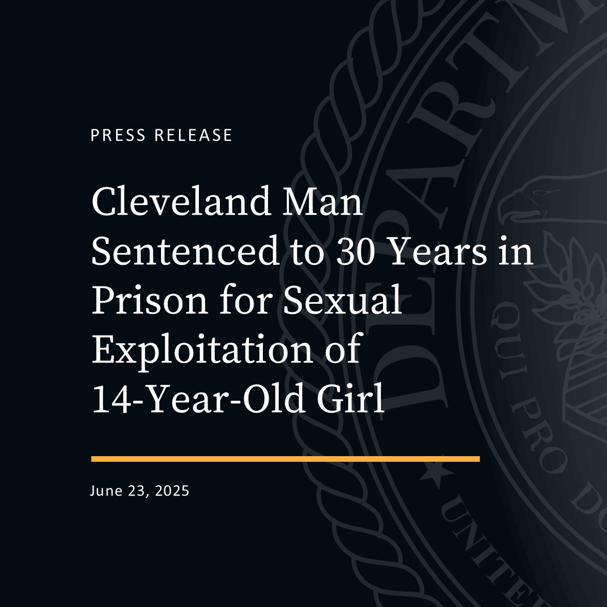 NDOHnews's tweet image. A Cuyahoga County man has been sentenced to 30 years in prison after pleading guilty in March to driving more than 400 miles across state lines to engage in illicit sexual conduct with a 14-year-old girl in New York.
Read more:
justice.gov/usao-ndoh/pr/o…
