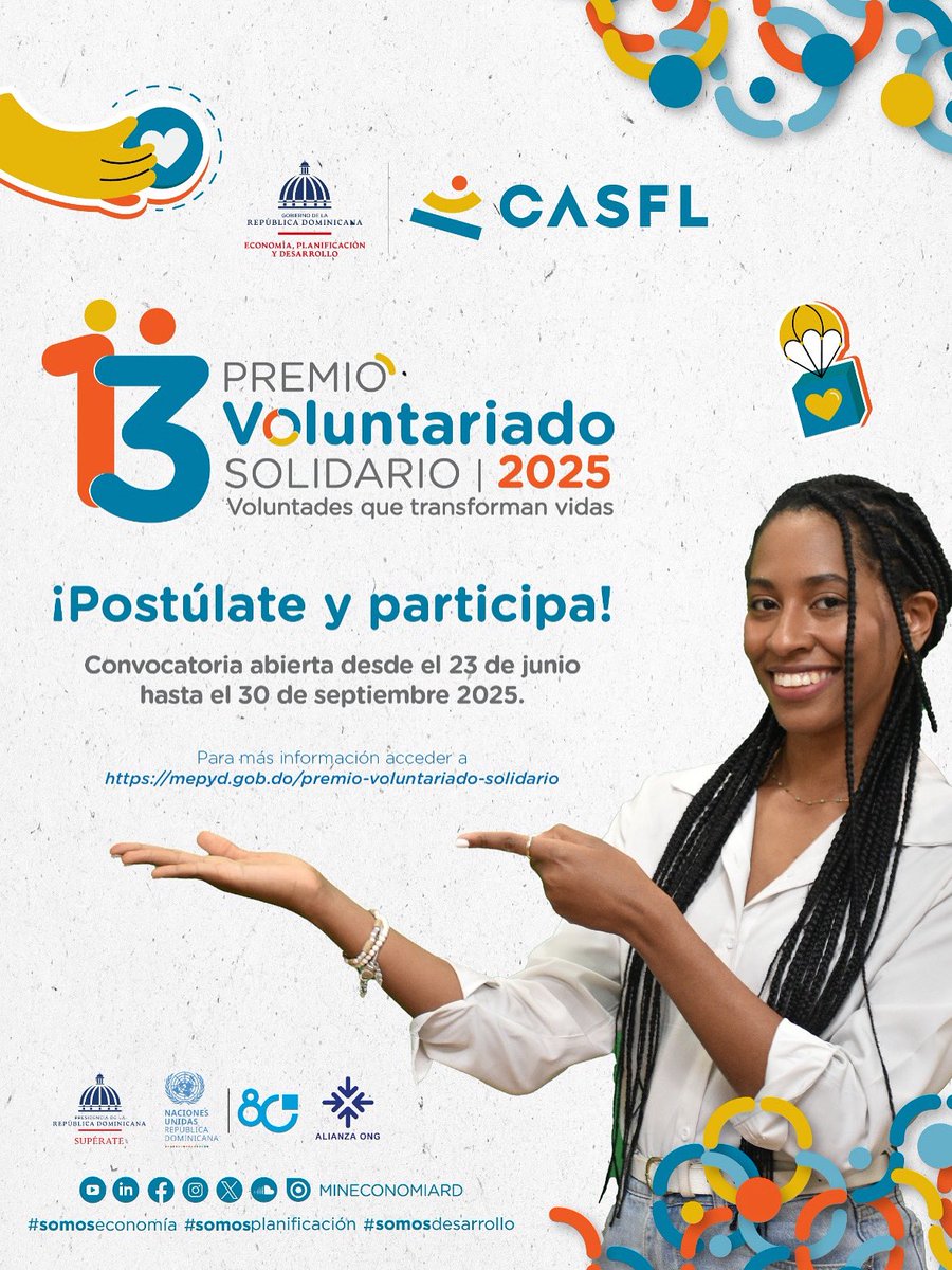 🎉 ¡Abre la convocatoria al Premio Nacional Voluntariado Solidario 2025! 🫶 Postula hasta el 30/09 en mepyd.gob.do/casfl/voluntar…  
“Voluntades que transforman vidas” 💙 #PNVS2025

🔗 mepyd.gob.do/ministerio-de-…
