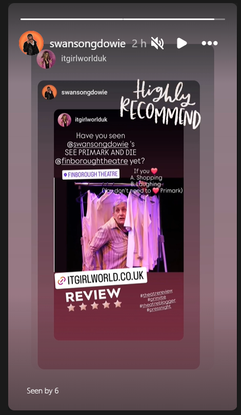 Claire Dowie's Swansong (@swansongdowie) on Twitter photo Only a couple of chances left to See Primark and Die!
Claire Dowie's Swansong <a href="/finborough/">Finborough Theatre</a> to 5 July 2025
Book Now!
finboroughtheatre.co.uk/production/cla…
#LGBTQ #theatre #buynothing #shopophobia #shopaphobia Only a couple of chances left to See Primark and Die!
Claire Dowie's Swansong <a href="/finborough/">Finborough Theatre</a> to 5 July 2025
Book Now!
finboroughtheatre.co.uk/production/cla…
#LGBTQ #theatre #buynothing #shopophobia #shopaphobia